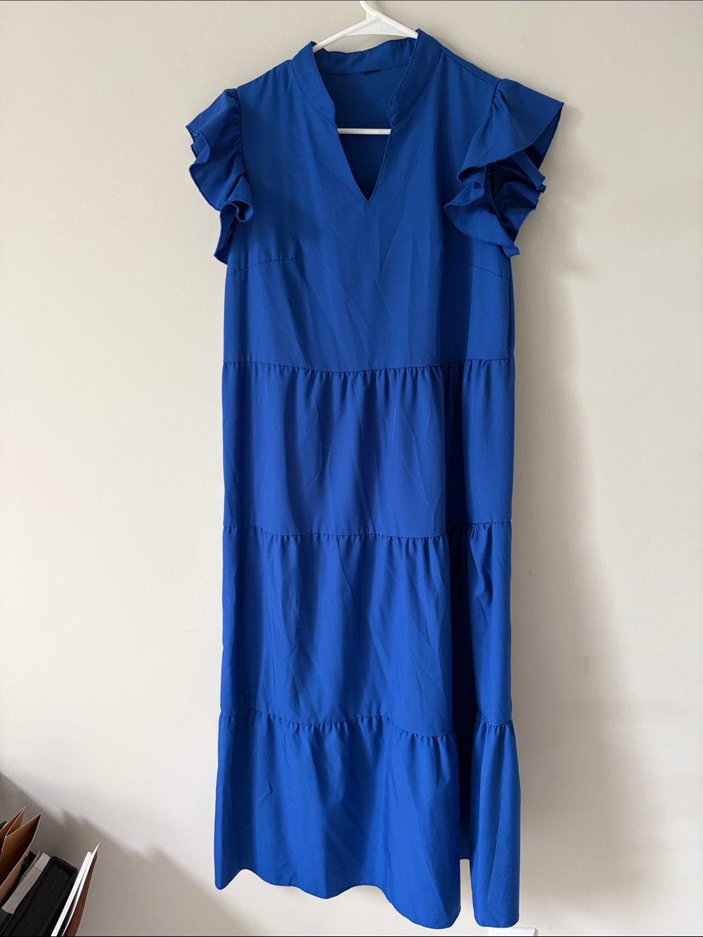 Blue Ruffle Sleeve Tiered Midi Dress